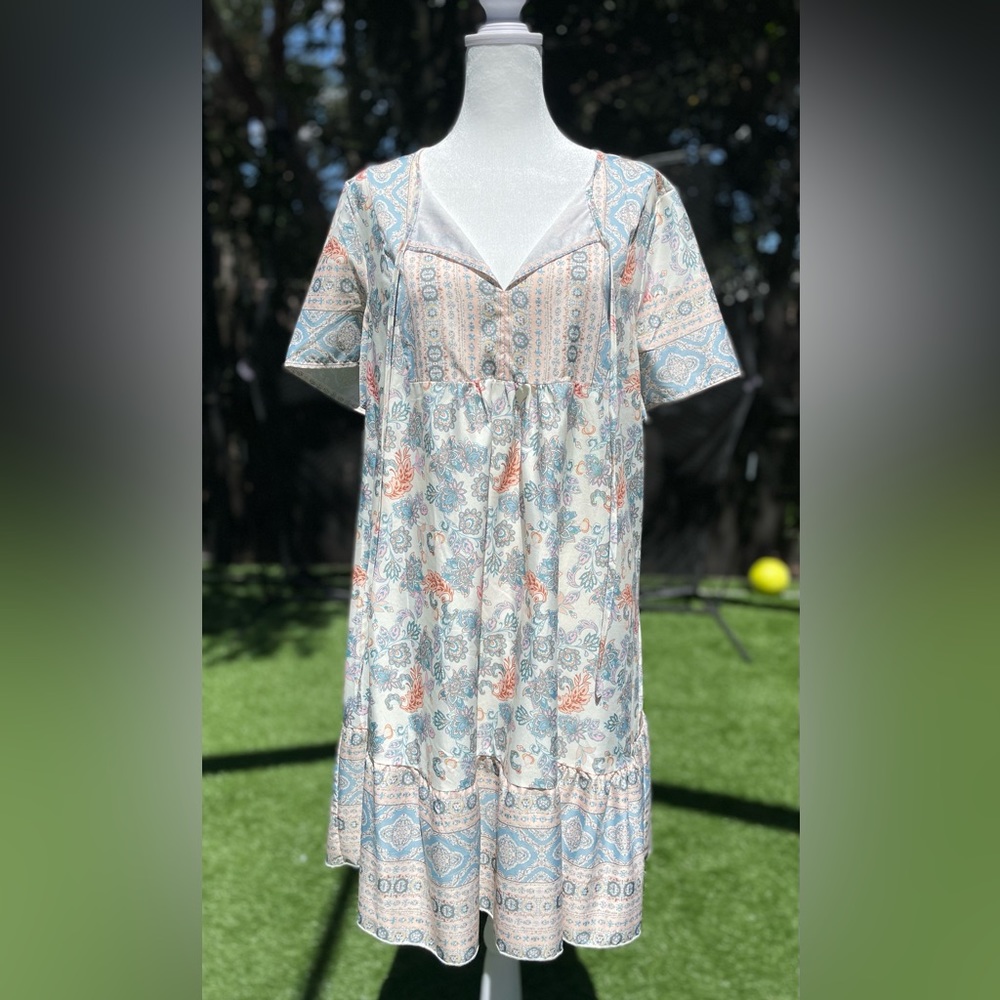 Blue, Beige, and Pink Paisley Dress. SHEIN. Size L, 40/42, 8/10.